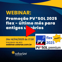 <strong>Leia mais sobre</strong><br />Gravação do webinar: promoção PV*SOL 2025 flex - último mês para antigos usuários Gravação do webinar: promoção PV*SOL 2025 flex - último mês para antigos usuários